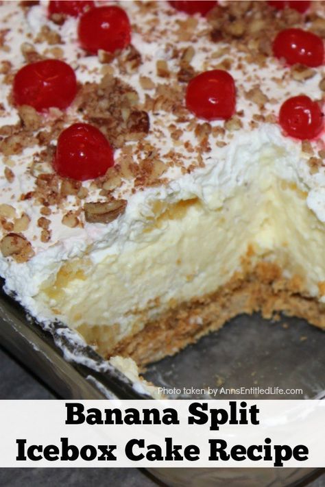 Banana Split Icebox Cake Recipe, Banana Split Cake Recipe, Banana Split Dessert Recipes, Banana Split Pie, Icebox Desserts, Banana Split Cake, Split Cake, Banana Split Dessert, Pudding Cheesecake