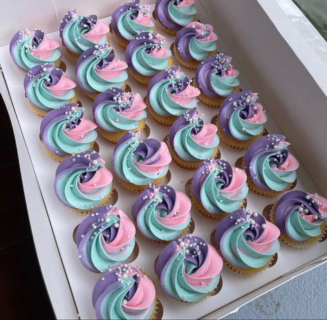 Mermaid Birthday Cupcake Ideas, Pink Purple And Teal Cupcakes, Cupcakes Decoration Mermaid, Blue Purple Cupcakes, Mermaid Party Sweets, Pink Mermaid Cupcakes, Pink And Purple Cupcakes Swirls, Wilton 6b Tip Cupcakes, Cupcake Mermaid Cake