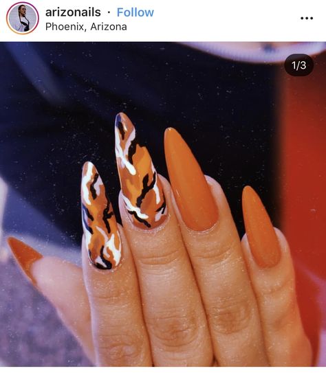 Orange Camo 🧡 Orange Camo Nails, Camouflage Nails, Camo Nails, Orange Camo, Orange Nails, Camouflage Print, Valentine's Day Nails, Country Music, Camouflage