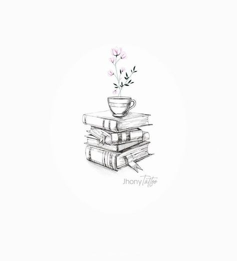 Blooming Book Tattoo, Book And Flower Tattoo Ideas, Minimal Book Tattoo Ideas, Fine Line Tattoo Book Lover, Delicate Book Tattoo, Book And Tea Tattoo, Book And Plant Tattoo, Art Lover Tattoo, Cat On Books Tattoo