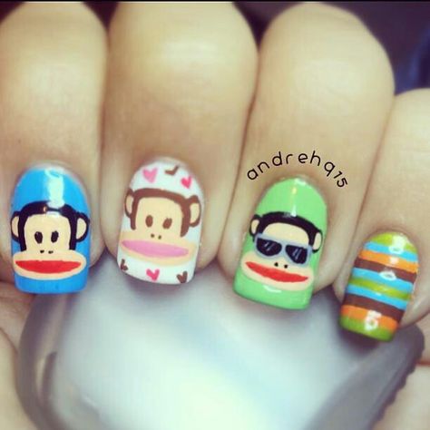 Paul Frank Monkey Nails, Super Cute Nails, Paul Frank, Really Cute Nails, Nail Swag, Cute Nail Art, Funky Nails, Cute Nail Designs, Pretty Acrylic Nails