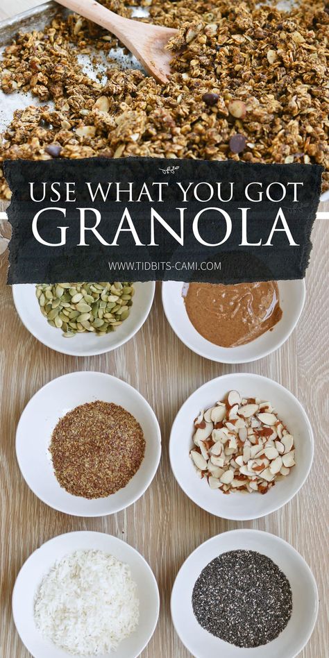 With some simple base ingredients, I’ll show you how to make what I like to call, “use what you got granola”. Homemade granola recipe using what you have at home. #granola #granolarecipe #camitidbits #homemadegranola How To Make Granola At Home, Homemade Granola Cereal, Diy Granola, Granola Homemade, How To Make Granola, Homemade Granola Recipe, Easy Granola Recipe, Easy Homemade Granola, Instant Pot Yogurt