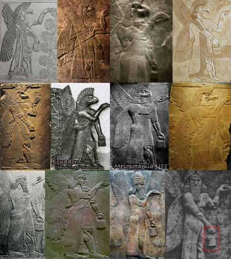 Annunaki. All have wings. All are wearing bracelets with a disc. All are carrying a pouch with handle in one hand, and thrusting a pine cone forward with the other. Note the mechanical looking musculature, the tassels, the fringed robes, the cigar shaped implements tucked into their sashes. Note the squared beards on some, the finned heads of the others. Can anyone explain these? Alien Theories, Ancient Astronaut, Ancient Technology, Aliens And Ufos, Mystery Of History, Ancient Egyptian Art, Ancient Knowledge, Ancient Mysteries, Ancient Aliens