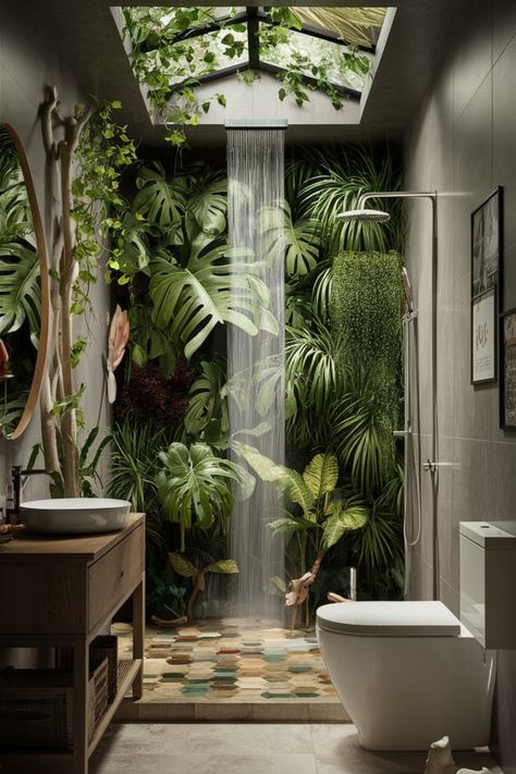 Elevate your bathroom with a nature-inspired design! Skylight waterfall showers and tropical greenery bring a rainforest vibe to your home, creating a calming and rejuvenating sanctuary. #RainforestBathroom #NatureInspiredDesign #BathroomRetreat #SkylightShower #TropicalGreenery #BathroomInspo #SereneSpaces #BathroomGoals #NatureVibes #LuxuryBathroomDesign Walk In Shower With Plants, Rainforest Bathroom Ideas, Plant Bathroom Aesthetic, Waterfall Showers, Rainforest Bathroom, Plant Bathroom, Jungle Bathroom, Townhouse Apartments, Tropical Greenery