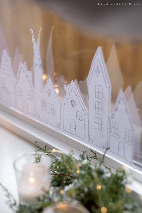 Adorable Christmas Houses as a window village- easy to print and add charm to your windows this holiday season. This free decor is classy and simple but such a fun accent in any room! Free Christmas Village Printables, Christmas Village Window Stencil, Christmas Village Templates Free, Free Printable Christmas Village Window Stencil, Christmas Window Drawing Template, Diy Christmas Window Decor, Christmas Window Stencils Free Printable, Christmas Window Template Free Printable, Christmas Decor Ideas Window