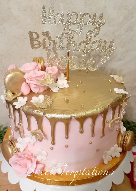 Pink & Gold drip cake Pink And Gold Cake Decorations, Pink And Gold Cake Ideas, Rose Gold Bday Cake, Cakes Pink And Gold, Rose Gold And Pink Cake, Pink And Gold Cake Birthday, Pink And Gold Themed Birthday Party, Pink Gold Birthday Cake, Rose Gold Sweet 16 Cake Ideas