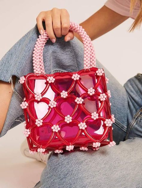 Heart Bag Aesthetic, Heart Bags, Heart Purse, Beads Bag, Bead Bag, Beaded Bag, Heart Tote Bag, Trendy Multicolor Heart-shaped Bag, Chic Heart-shaped Bag With Heart Detail