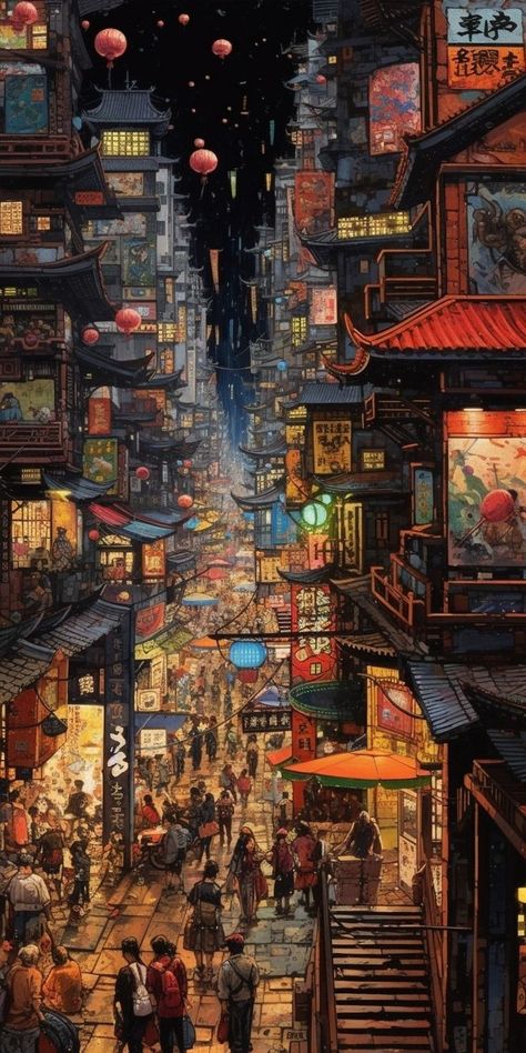 Amoled Wallpapers, China Town, Cyberpunk City, Japon Illustration, Pop Art Wallpaper, Fantasy City, Fantasy Places, Cool Wallpapers Art, Fantasy Art Landscapes