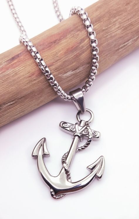 Anchor necklace, anchor pendant, mens sailors necklace, nautical, silver anchor, stainless steel https://etsy.me/3v7jVCN #silveranchornecklace #anchornecklace #menstravelcharm #anchorpendant #necklacesformen #sailorsnecklace #snowstarpendants Anchor Necklace Men, Anchor Jewelry, Nautical Necklace, North Star Necklace, Jewellery Pouch, Anchor Pendant, Cheap Necklaces, Necklace Mens, Anchor Necklace