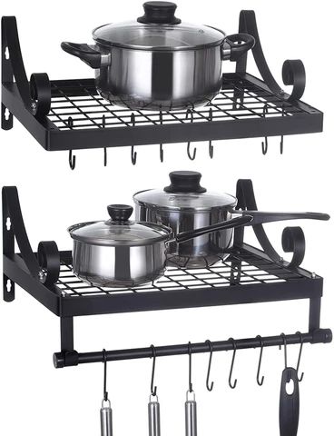 How to Organize Pots and Pans in a Small Kitchen – All About Tidy Kitchen Pot And Pan Organization, Pot Rack Wall, Metallic Kitchen, Wall Mounted Pot Rack, Pot Rack Kitchen, Hanging Pot Rack, Pot Lid Storage, Wall Shelf With Hooks, Pot And Pans Organization