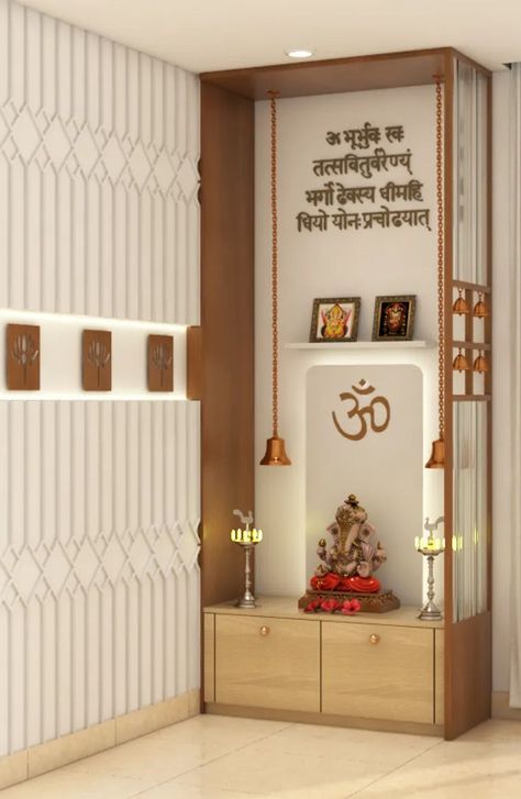 Modern Pooja Room Design Puja Unit With Storage, God Unit Design, Temple Unit Design For Home, White Temple For Home, Pooja Room Storage Ideas, Pooja Unit With Storage, Pooja Wall Unit, Mandir Design In Bedroom, Pooja Space Ideas