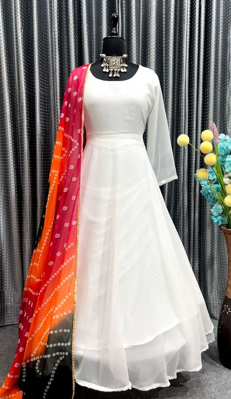 White Anarkali With Colourful Dupatta, Flex Aesthetic, Frock Suit Design, Frock Designs For Women, White Anarkali, Full Gown, Frock Designs, Long Frock Designs, Lehenga Designs Simple