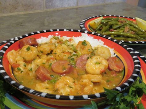 Shrimp and Andouille Etouffee Etouffee Recipe, Slow Cooker Green Beans, Shrimp Etouffee, Cajun Sausage, Louisiana Seafood, Shrimp Sausage, Louisiana Hot Sauce, Stock Recipes, Cajun Creole Recipes