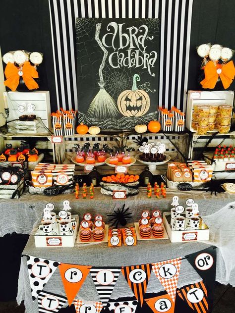 Halloween Party Halloween Party Ideas | Photo 2 of 32 | Catch My Party Halloween Themed Birthday Party Kids, Halloween Candy Table, Halloween House Party Decorations, Halloween Party Table Decorations, Halloween Dessert Table, Halloween Candy Bar, Halloween First Birthday, Postres Halloween, Halloween Themed Birthday Party