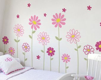 Baby girl wall decal flowers | Etsy Wall Paint Designs Flowers, Painted Flower Mural Wall, Flower Wall Painting Bedrooms, Floral Wall Painting Ideas, Wallpaintings Ideas, Mural For Kids Room, Toddler Bedroom Wall, Wall Painting Flowers, Bedroom Decor Pictures