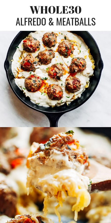 Meatballs And Alfredo Sauce, Meatball Alfredo, Creamy Spaghetti Squash, Paleo Noodles, Meatballs Paleo, Pasta Meatballs, Paleo Spaghetti, Whole30 Recipe, Spaghetti Squash Noodles