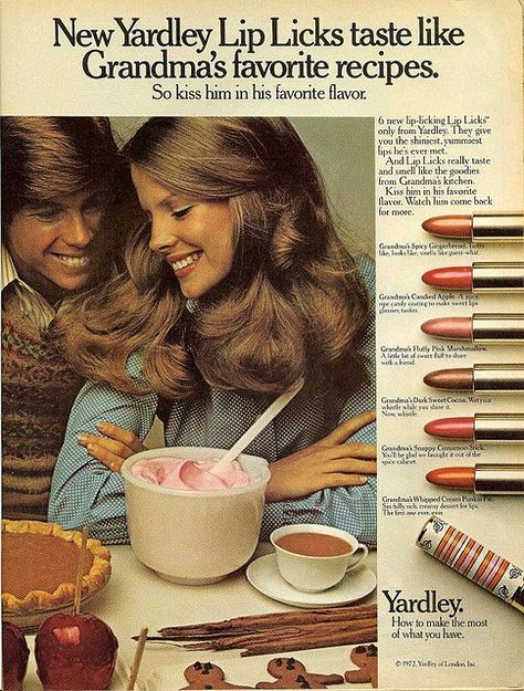 Yardley Lip Licks. 1972.  {Find vintage ads, etc to print & put up at party???} 1970s Makeup, Vintage Makeup Ads, Makeup Ads, Retro Makeup, Retro Beauty, Elf Cosmetics, Beauty Ad, Old Advertisements, Makeup Guide