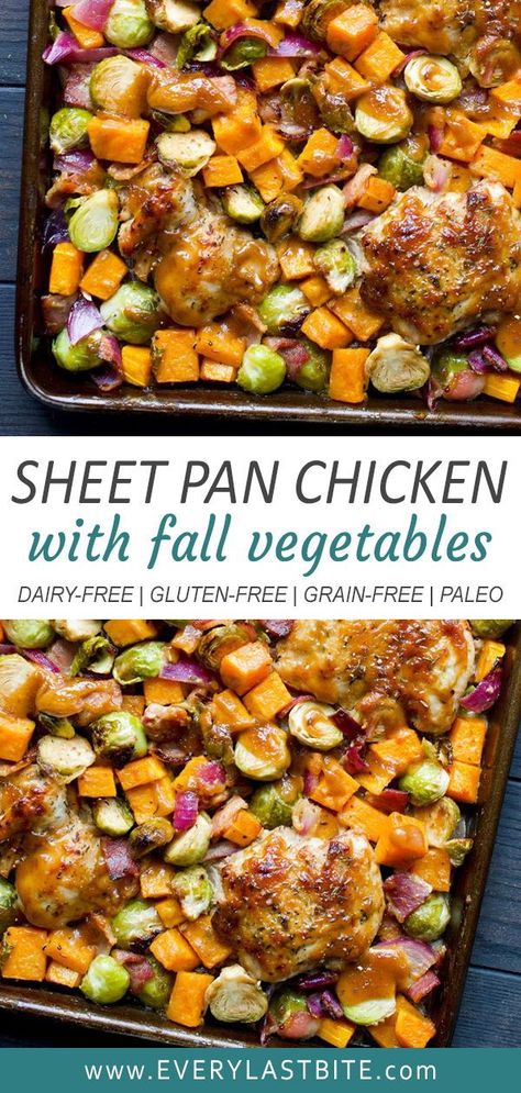 This Sheet Pan Chicken, Brussels Sprouts & Butternut Squash with Balsamic Dijon Sauce is perfect for autumn/winter weeknight dinner. It takes just 30 minutes to make and is such a tasty all in one meal. #paleo #whole30 #dairyfree #grainfree Sheet Pan Chicken And Fall Veggies, Healthy Chicken And Brussel Sprouts Recipes, Fall Chicken And Veggies, Chicken Thigh Brussel Sprout Sheet Pan, One Pan Fall Chicken Dinner, Sheet Pan Dinners Brussel Sprouts, One Sheet Pan Meals Fall, 1 Pan Sheet Dinner, One Sheet Pan Meals Chicken Brussel Sprouts