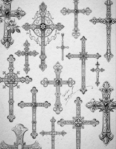 Ornate Cross Drawing, Vintage Cross Drawing, Italian Cross Tattoos, Ornamental Cross Tattoo, Ornate Cross Tattoo, Aesthetic Cross Tattoo, Nana Inspired Tattoos, Cross Tattoo Aesthetic, Gothic Cross Drawing