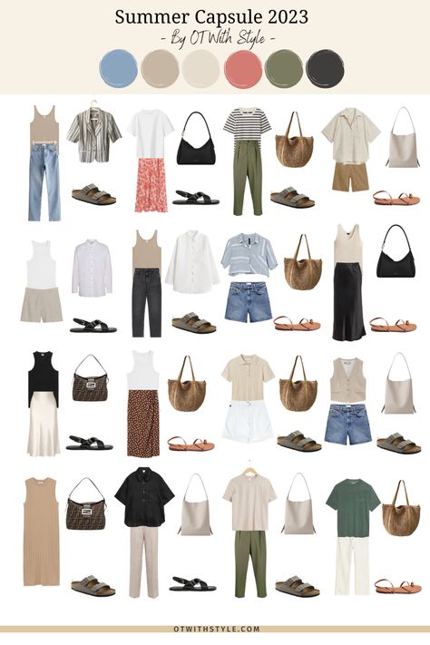 Simple Travel Outfits Summer, Feb Outfits, Summer Essentials Clothes, Summer Holiday Capsule Wardrobe, London Fashion Summer, Summer Office Casual, Capsule Wardrobe For Summer, Minimalist Classic Style, 2022 Capsule Wardrobe