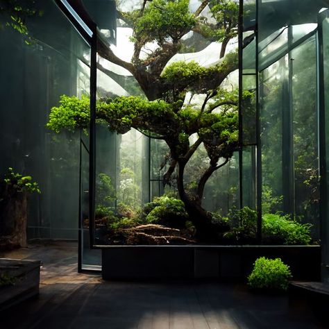 Indoor Tree Restaurant, Indoor Forest Home, Indoor Garden Restaurant, Fern Future Home Vibes, Indoor Terrarium, Modern Zen House, Futuristic Home Design, Terrarium House, Indoor Nature