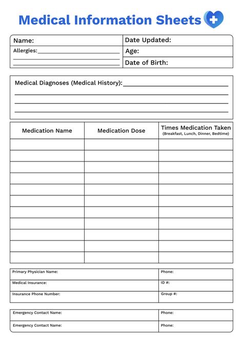 Printable Medical Information Sheets Emergency Information Printable, Doctor List Free Printable, Doctor Information Printable, Family Emergency Binder Printables Free Templates, Prepper Binder Printables, Medical Forms Free Printable Templates, Medication List Template, Medical Paperwork Organization, Medical Charts Free Printable