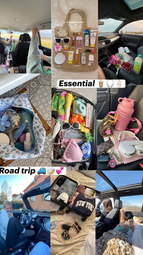 Road trip essentials 📝 Trip Essentials Aesthetic, Road Trip Essentials Aesthetic, Friendship Travel, Summer Road Trip Essentials, Girls Friendship, Essentials Aesthetic, Road Trip Car, Hippie Nails, Airplane Essentials