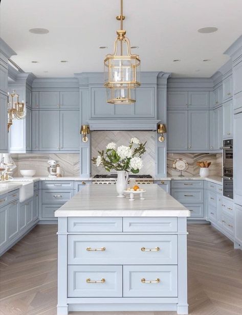 Coastal Kitchens, Dreamy Kitchens, Light Blue Kitchens, Blue Kitchen Cabinets, Dream Kitchens Design, Dream Kitchens, Classic Kitchen, Blue Kitchen, Kitchen Cabinet Colors