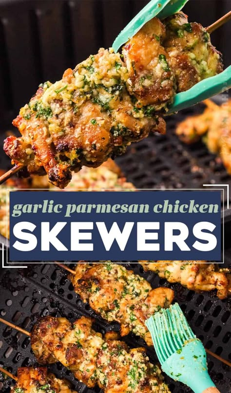 Air Fryer Garlic Parmesan Chicken, Garlic Parmesan Chicken Skewers, Parmesan Chicken Skewers, Parmesan Butter, Air Fryer Garlic, Garlic Parmesan Chicken, Parmesan Chicken, Air Fryer Dinner Recipes, Chicken Skewers