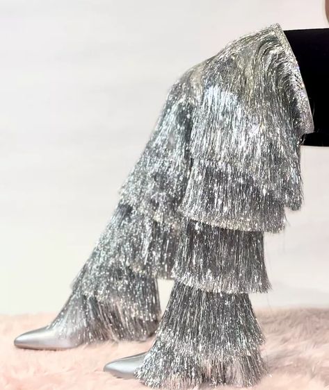 Beyoncé-Inspired Boots With Shimmery Silver Fringe Diy Fringe Boot Covers, Party Leather Boots With Rhinestone Fringe, Silver High Heel Boots With Rhinestone Fringe, Gold Fringe Knee Boots, Glamorous Silver-studded Boots For Night Out, Magic Woman, Boots Diy, Silver Outfits, Silver Boots