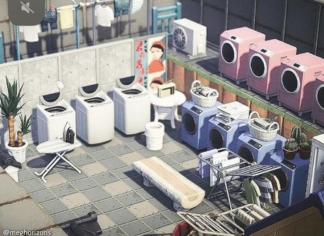 Acnh Laundry Area, Acnh Laundry, Outdoor Laundry Area, Cosy Games, Outdoor Laundry, Animal Crossing Fan Art, Laundry Area, Island Design, Woodland Theme