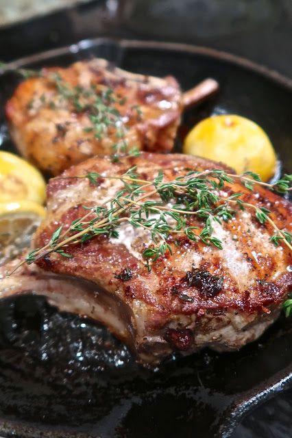 Scrumpdillyicious: Pan Seared Pork Chops with Lemon and Thyme Pork Chop Thyme Recipes, Pork Chops With Thyme, Lemon Thyme Pork Chops, Pork Chops Pan Seared, Thyme Pork Chops, Pan Seared Pork Chops, Bone In Pork Chops, Stuffed Pork Chops, Seared Pork Chops