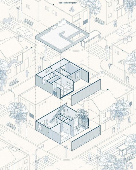 Isometric Exploded⁠ ⁠ ✍️: @sol_ms • Tag #illustrarch in your posts and stories for a chance to be featured.⁠ ⁠ 🏷️ #architecturehunter #archidesign #architecture_studentlife #architecturestyle Exploded Isometric Drawing, Axonometric Drawing Architecture Sketch, Axo Drawing Architecture, Monochrome Plan Rendering Architecture, Exploded Axon Diagram, 3d Axonometric Architecture, Isometric Section Architecture, Concept Diagrams In Architecture, Hybrid Architecture Drawings