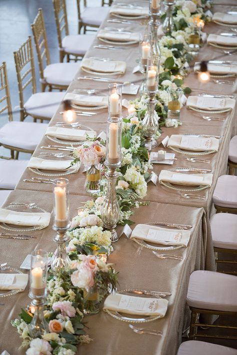 Taupe Wedding Reception Head Table with Lush Pastel Floral Runner | Spring Garden Party Wedding in Nashville Floral Runner Wedding, Spring Wedding Tablescapes, Emerald Wedding Colors, Wedding Reception Head Table, Diamond Of The Season, Reception Head Table, Feasting Table, Taupe Wedding, Enchanted Florist