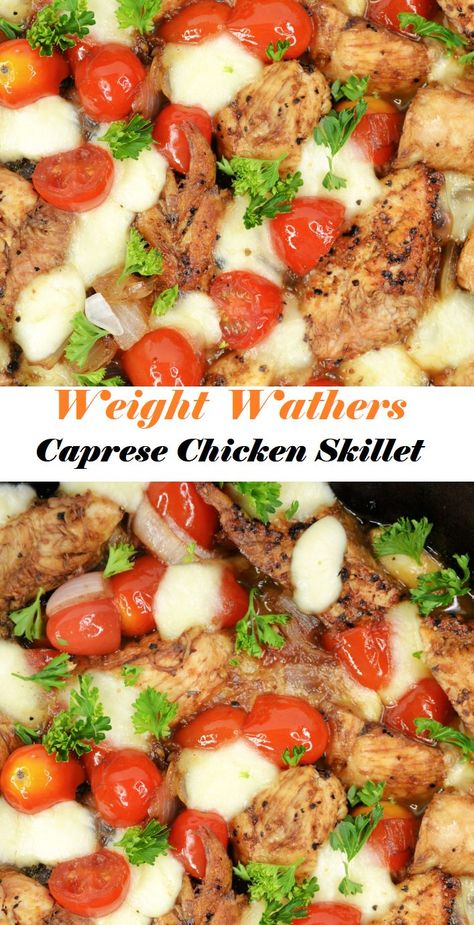 Healthy Recipes With Cooked Chicken, Weight Watcher Family Dinner Recipes, Ww Dinner Ideas Main Courses, Easy Low Calorie Family Dinners, Easy Ww Meals Dinners, Ww Dinner Recipes 2023, Ww Chicken Dinner Recipes, Weight Watcher Summer Recipes, Chicken Caprese Skillet