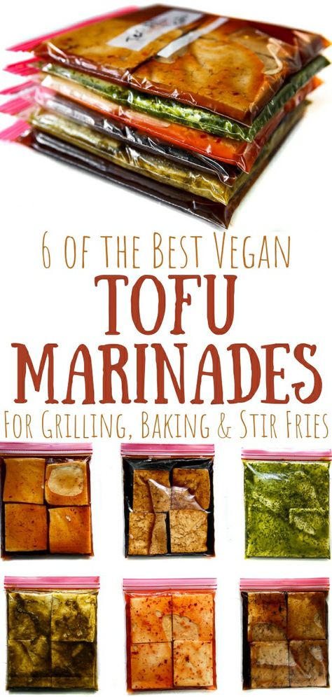 A pin for 6 of the best vegan tofu marinades. The top photo shows a stack of 6 gallon ziplock bags, each filled with tofu and a different marinade. The bottom photo shows the bags of tofu and marinade spead out side by side. Tofu Marinade Recipes, Tofu Teriyaki, Best Tofu, Tofu Recipes Healthy, Tofu Steak, Tofu Chicken, Tofu Marinade, Deep Fried Tofu, Teriyaki Tofu