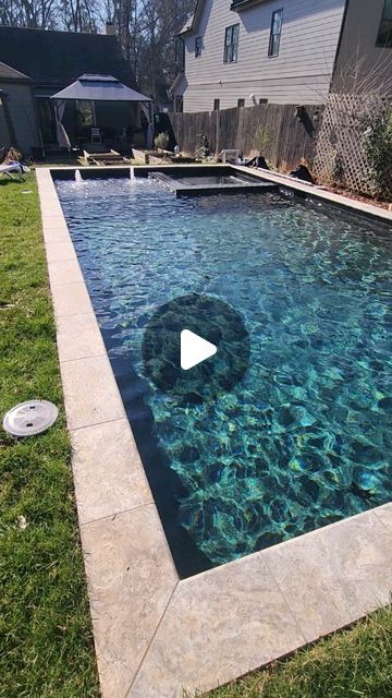 Luke Burbank/Artistic Pools Inc. on Instagram: "16'x32" rectangle pool with flush spa and ivory travertine coping in Atlanta. #poolmanluke #luxurypools #poolparty #pools #artisticpools #gapoolbuilder #swimmingpool #pool #poolman #pebbletec #atlanta" Small Garden Pool Design, Flush Spa In Pool, Rectangle Pool With Round Spa, Rectangle Pool Ideas Inground, Rectangle Pool Designs With Hot Tub, Front Yard Pool Ideas House, Rectangle Pool With Spa And Tanning Ledge, Raised Spa With Spillover, 20x40 Pool Ideas