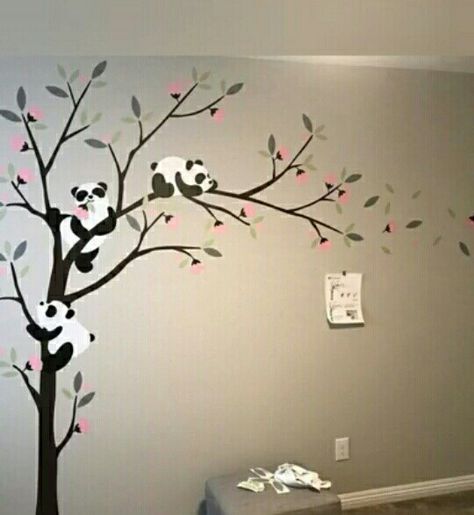 Panda Painting On Wall, Butterfly Wall Painting Bedrooms, Panda Wall Painting, Panda Bedroom, Wall Painting Ideas Creative, Tree Wall Painting, Cartoon Wall Painting, Simple Wall Paintings, Panda Painting