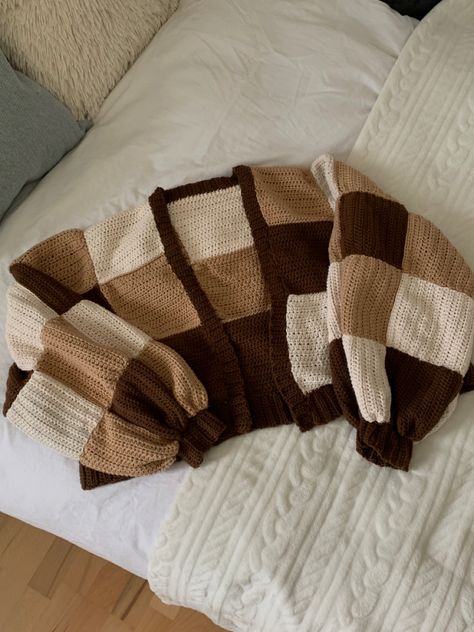 Harry Styles inspired patchwork cardigan with brown beige white wool aesthetic crochet Crochet Cardigan Design Pattern, Crochet Sweater Colors, Crochet Block Cardigan, Fall Patchwork Cardigan, Crochet Brown Top, Crochet Brown Yarn, Patchwork Crochet Sweater Layout, Patch Crochet Cardigan, Fall Crochet Cardigan