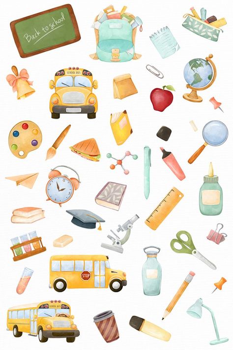 Clip Art School, Bus School, Education Clipart, Back To School Clipart, Stationery School Supplies, Postcard Mockup, School Illustration, Fairytale Nursery, Stationery School