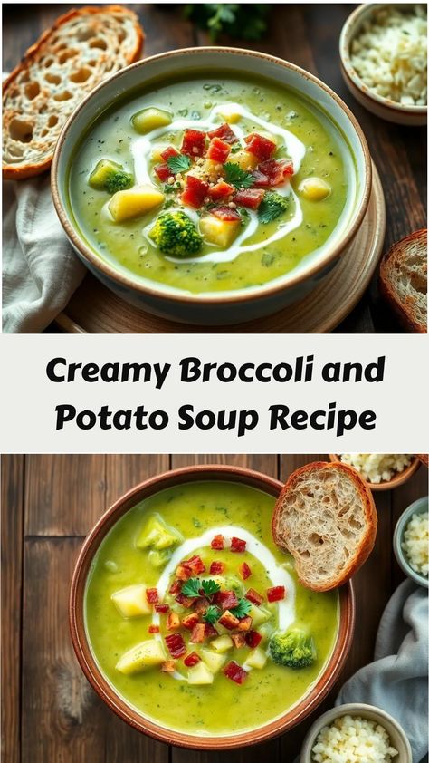 This creamy Broccoli and Potato Soup combines fresh broccoli, tender potatoes, and savory cheese for a comforting, hearty dish that’s easy to make and delicious! Broccoli And Potato Soup, Broccoli Potato Soup, Chicken Broccoli Cheese, Broccoli And Potatoes, Creamy Broccoli, Savory Cheese, Delicious Soup Recipes, Potato Soup Recipe, Fresh Broccoli