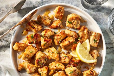 Garlic Butter Chicken Bites Garlic Butter Chicken Bites Food And Wine, Plantstrong Recipes, Garlic Butter Chicken Bites, Apps Ideas, Butter Chicken Bites, Meat Entrees, Fine Cooking, Garlic Butter Chicken, Garlic Butter Sauce