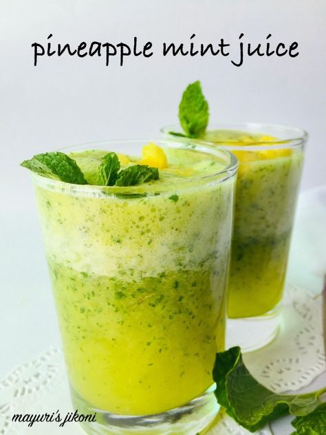 Pineapple Mint Juice - Mayuri's Jikoni Pineapple Mint Juice, Juice Recipes With Pineapple, Healthy Juice Recipe, Herbs Recipes, Mint Juice, Fresh Juice Recipes, Juice Healthy, Recipe Smoothie, Yummy Summer Drinks