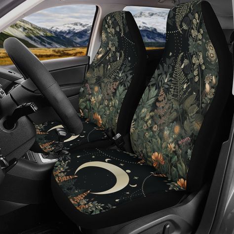 Cute Car Seat Covers Aesthetic, Witchy Car Interior, Nature Themed Car Interior, Green Themed Car Interior, Witchy Car Decor, Decorated Car Interior, Green Car Accessories, Goth Car Seat Covers, Lush Green Forest