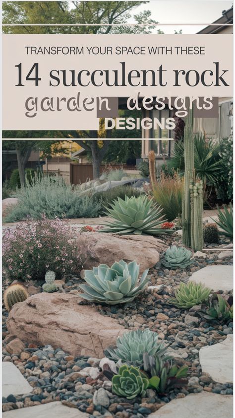 A variety of beautiful succulent rock garden landscaping ideas with stones, cactus, and colorful flowers. Stone Landscaping Ideas Flower Beds, Cactus Landscaping Front Yards, Succulent Rock Garden Ideas, River Plants, Drought Tolerant Landscape Front Yard, Succulent Rock Garden, Rock Garden Ideas, Rock Yard, River Rock Garden