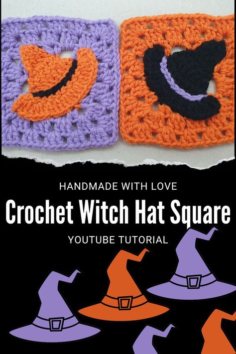 Hello everyone! Welcome to Handmade with love's latest crochet tutorial. In this interesting YouTube tutorial you will see how to crochet these scary squares. With this quick Halloween applique you can create a beautiful and amazing project with unique designs. This crochet witch hat applique is useable for a variety of decorative Halloween crochet DIYs like garland, cardigan, top, sweater, blanket, pillow, afghan, bag etc. Wonderful and interesting granny square for stunning projects. Crochet Witches Hat Applique Pattern Free, Crochet Witch Granny Square, Crochet Witches Hat Applique, Crochet Candy Corn Granny Square, Ghost Granny Square Pattern Free, Jack O Lantern Granny Square, Halloween Crochet Graph Patterns, Free Halloween Granny Square, Pumpkin Granny Square Pattern Free