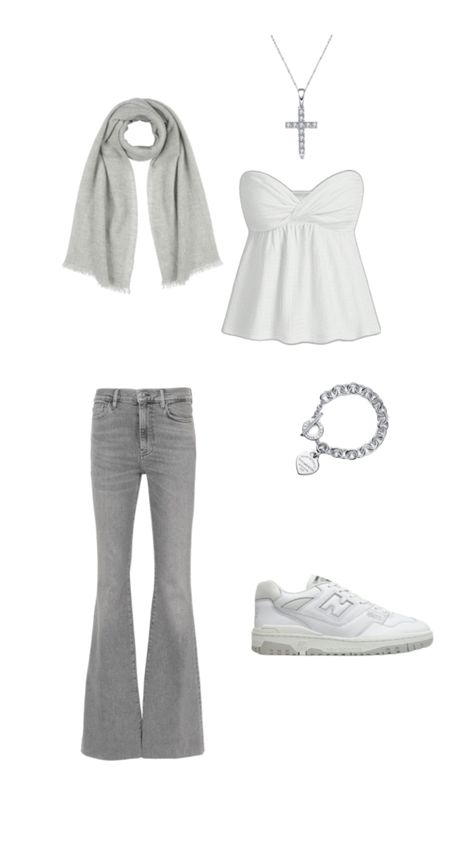 Grey flared jeans, new balances 550, white top, grey scal, silver jewerelly, outfit inspo Grey Flared Jeans Outfit, Grey Flares Outfit, Grey Flared Jeans, Flares Outfit, Flare Outfit, Clean Girl Outfit, New Balances, Grey Jeans, Cute Everyday Outfits