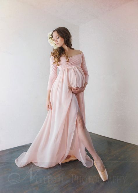 Patricia Gown  Off the Shoulder Chiffon Maternity Gown  Long by SewTrendyAccessories | Etsy Pink Pregnant, Chiffon Maternity Gown, Chiffon Maternity Dress, Gown Long Sleeve, Maternity Evening Dress, Empire Waist Gown, Chiffon Maxi Skirt, Flowy Dresses, Maternity Gown