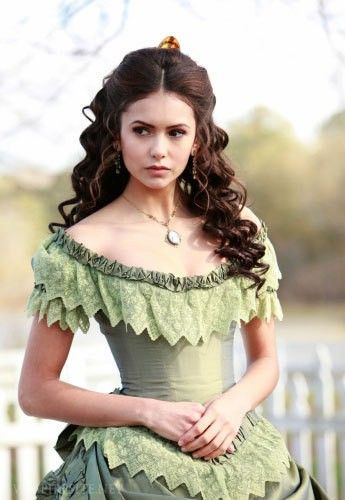 Reproduction Dress, love the hair style! Vampire Diaries Fashion, Victorian Vampire, Katerina Petrova, Victorian Hairstyles, Bonnie Bennett, Katherine Pierce, Paul Wesley, Silk Gown, The Vampire Diaries