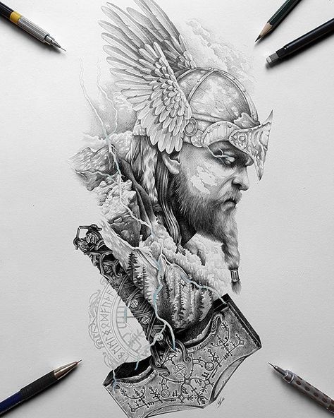 Pols no Instagram: “⚡THOR ⚡ Allready sold :D Ready to tattoo in October. I'm tattooing in amsterdam . #tattooed #tattoo #drawingpencil #drawings #drawinggrid…” Thor Hammer Tattoo, Tattoo Odin, Viking Drawings, Thor Tattoo, Rabe Tattoo, Viking Warrior Tattoos, Norse Mythology Tattoo, Valkyrie Tattoo, Scandinavian Tattoo